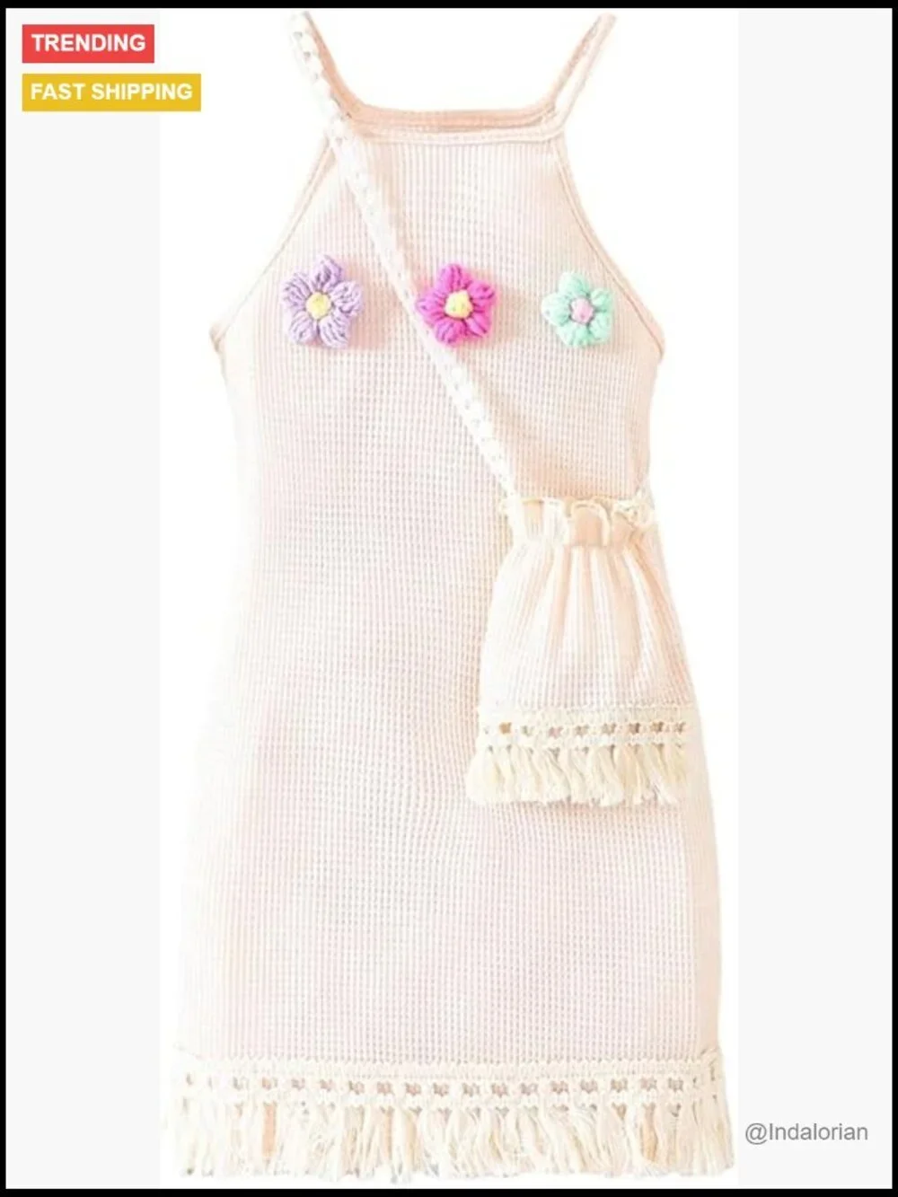 Girl's 3D Floral Crochet Knit Sleeveless Midi Dress with Bag